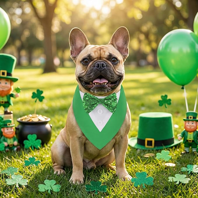 ADOGGYGO St.Patrick's Day Dog Tuxedo Bandana, Green Pet Tux Collar with Bowtie Adjustable St Patricks Costume for Medium Dogs Pets (M)