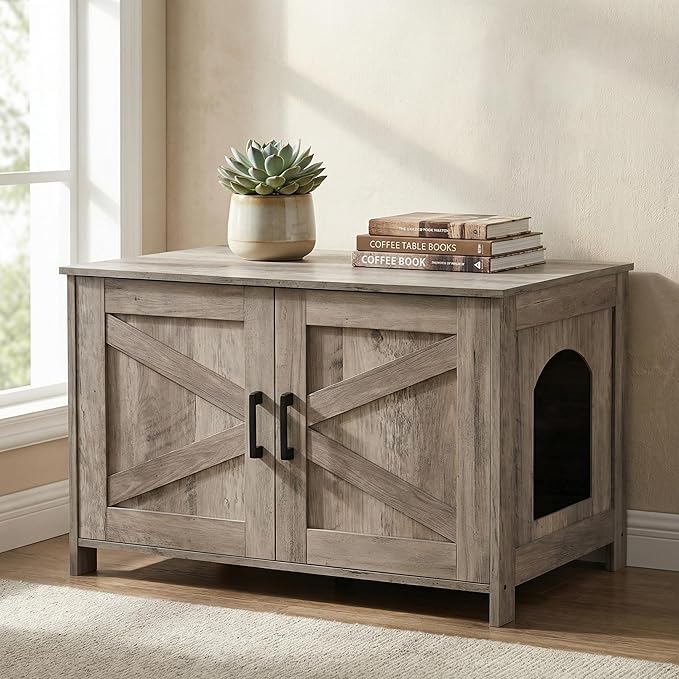 Homhedy Cat Litter Box Enclosure, Wooden Cat Washroom Furniture with Barn Door, Pet House, Fit Most of Litter Box, Greige