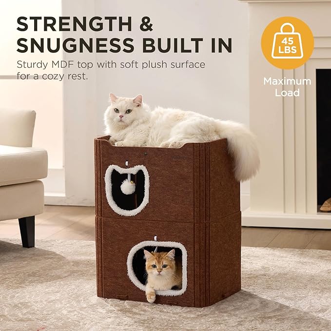 Joydeco Cat House for Indoor Cats, 2 Story Scratch Resistant Felt Cat Condo, Hideaway Pet Cave Bed with Fluffy Ball and Tunnel for Kitten, Small Dogs, Rabbits, 17.7 x 13.3 x 24, Coffee