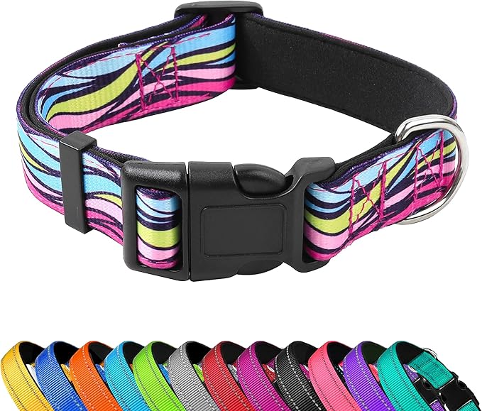 Reflective Dog Collar, Adjustable Soft Neoprene Padded Nylon Pet Collars with Buckle for Puppy and Small Dogs, Cats, Colorful Wave Pattern,S
