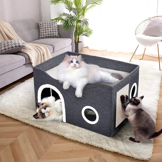 Heeyoo Cat House for Indoor Cats - Large Cat Bed Cave with Fluffy Ball and Scratch Pad, Foldable Cats Houses & Condos, Cat Hideaway, Covered Kitty Bed for Multi Small Large Kitty, 23.8x15.9x13.2 Inch