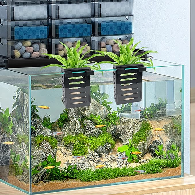 Aquarium Plant Holder 4 PCS Hanging Aquatic Plant Pot with 24 Hooks and 20 Suction Cups for Fish Tank Aquarium Planter and Aquascape Decorations (Black)