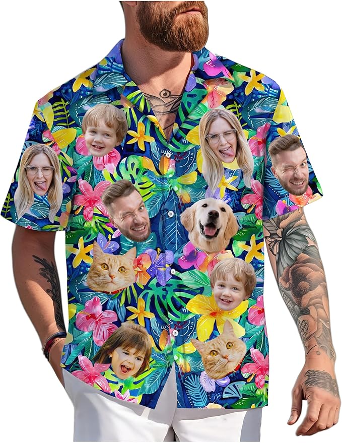 Custom Hawaiian Shirt with Face Photo Picture for Men Women Kids Youth Adult, Tropical Personalized Hawaiian Shirts Gift