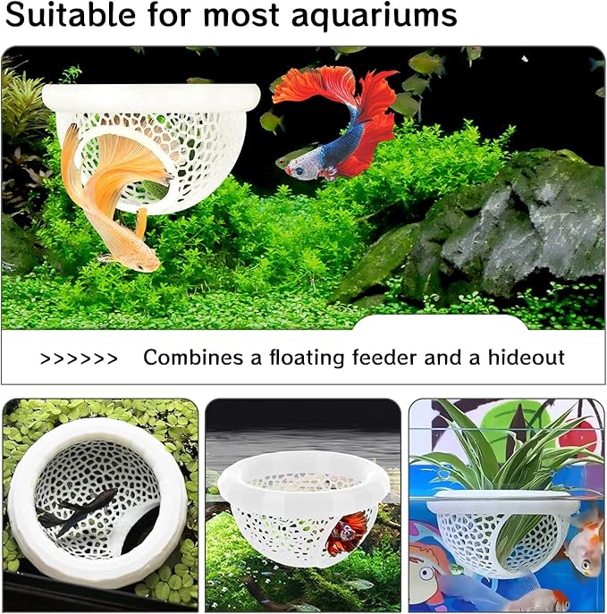 Aquarium Betta Fish Feeding Station, Floating Ring with Cave Hammock, Fish Hide Decoration, White