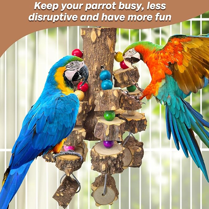 PINVNBY Wood Parrot Toys for Large Birds, Wire Link Durable Macaw Toys Extra Large Natural Wooden Blocks Chew Toy for African Grey Macaws Cockatiels Eclectus