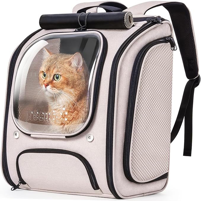 Pecute Cat Backpack Carrier, Large Space Cat Bubble Backpack, Breathable Cat Carrier, Shaded Dog Backpack Carrier, Ergonomic 3D Design for Travel, Hiking, Walk, Suitable for Shopping, Car, Vet, Khaki