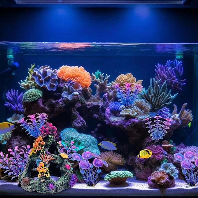 GSD Aquarium Colorful Coral Reef Set Fish Tank Decoration Mountain Ornament for Aquarium Environments Decor Accessories, Coral Mountain x 1, Aquatic Plant x 4