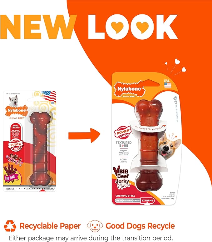 Nylabone Textured Bone Power Chew Toy for Dogs, Durable & Tough Dog Toys for Aggressive Chewers, Beef Jerky Flavor, Small Dogs - Up to 25 Ibs, 1 Count