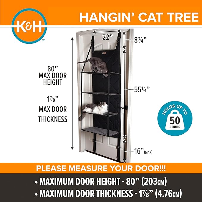 K&H Pet Products Hangin Cat Tree Door Mounted Cat Furniture, Space Saving Multi-Level Wall Perch Hammock Bed, Interconnecting Levels, Collapsible, Tool-Free Assembly - Gray - Fits Doors <80in H