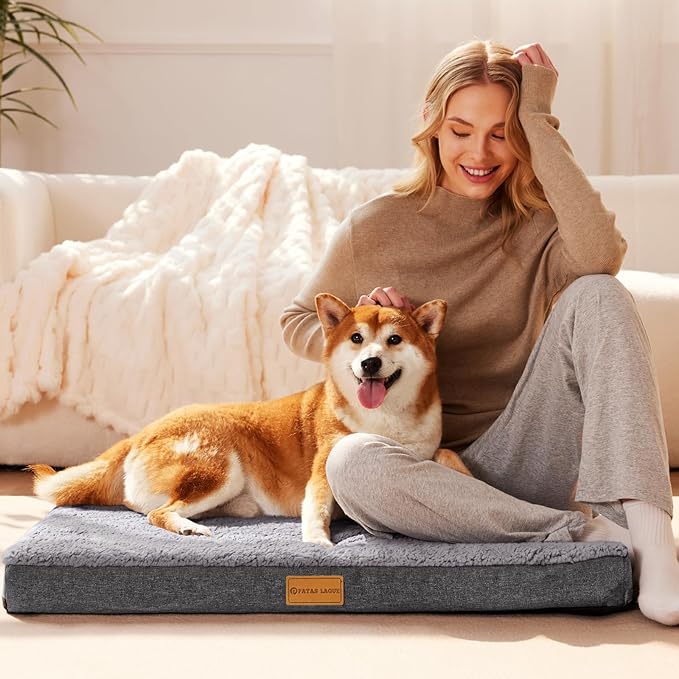 Patas Lague Orthopedic XL Dog Bed Large Sized Dog 48''X30'', Soft Waterproof Egg Crate Foam Large Pet Crate Beds Mat with Removable Washable Cover and Non-Slip Bottom, Light Grey
