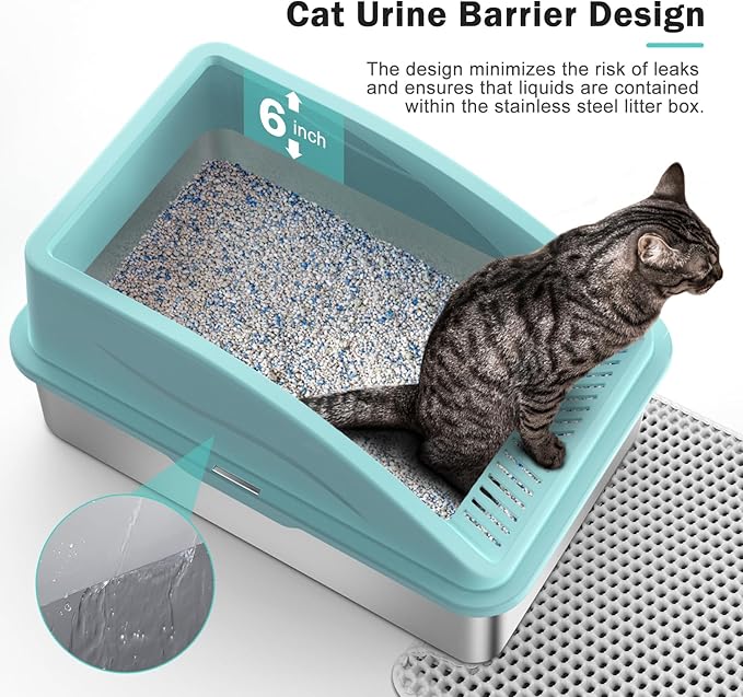 Stainless Steel Litter Box | XL Enclosed Cat Litter Boxs with Lid for Big Cats | High Sided, Anti-Urine Leakage | Non-Stick Bottom & Includes Litter Mat & Metal Scoop (Turquoise, X-Large)