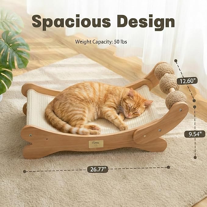 Sisal Cat Scratcher Bed with 3 Toy Balls for Indoor Cats, Durable Wooden 3-in-1 Hammock Lounge & Scratch Pad - Modern Furniture for Large Cats, Scratching Post Lounger