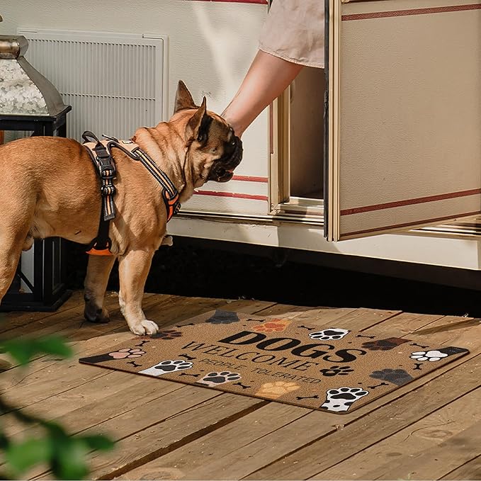 Dogs Welcome People Tolerated Door Mat, Cute Dog Paws Print Artificial Coir Front Door Mat Indoor Outdoor Entrance, Funny Dog Paw Welcome Doormat Rug for Porch Entryway Patio Decor, 17X30 Inch