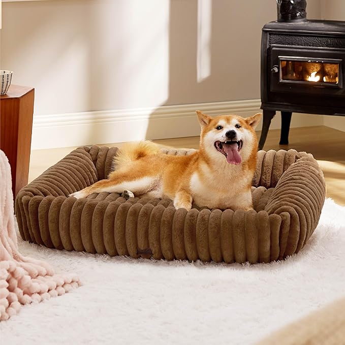 Bedsure ComfyFleece™ Cute Dog Bed for Large Dogs - Washable Furry Puppy Beds, Rectangle Orthopedic Corduroy Fleece Pet Beds with Removable Zipper Cover, 36x27x8inches, Camel Brown