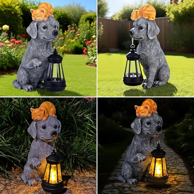 ILLUMINEW for Mom – Solar Dog Garden Statues with Lantern and Sleeping Cat, Resin Pet Figurine Light for Outdoor Yard Decor, Gift for Women Grandma