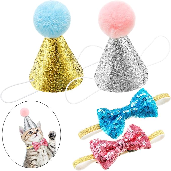 SATINIOR 4 Pieces Cat Birthday Hat Bowtie Small Dog Hat Headband Topper Bowtie Adjustable Cute Puppy Birthday Costume Accessories for Cat Small Medium Pet(Lake Blue and Pink,Style A)