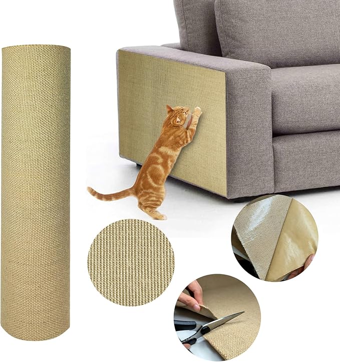 Jute 78.7"x15.8" Trimmable Cat Scratching Mat for Furniture Protector,Versatile Self-Adhesive Anti Cat Scratch Pad for Couch Protection&Cat Scratcher Tree/Post/Wall/Board/Twine Replacement
