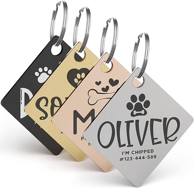 Engraved Pet ID Tags for Cats, Dogs - 4 Color & 5 Shape Options, Personalized w/ 20 Icons, Name, Address, Phone Number - Accessories for Four Legged Friends, Stainless Steel #Rectangular - Silver