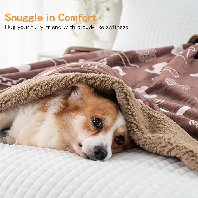 Waterproof Dog Blankets Pet Blanket 60"x80", Soft Fluffy Sofa Car Bed Protector, Reversible Sherpa Fleece Dog Blanket for Large Dogs (Chocolate Brown-Bones)