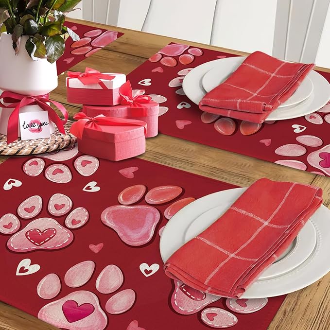 Valentines Day Dog Cat Paw Prints Placemats Set of 4, Pink Red Love Hearts Dining Place Mats Table Decor Pet Lover Gifts, Anniversary Wedding Home Kitchen Decoration 12 x 18 Inch