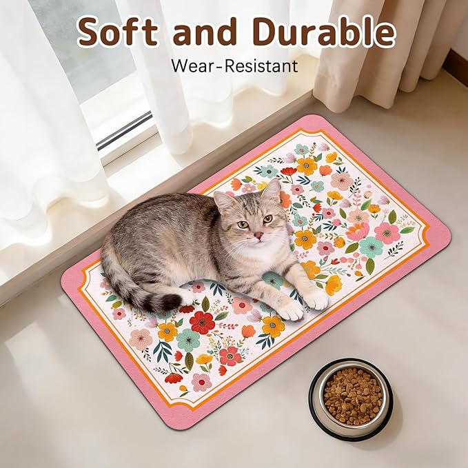 Dog Food Mat for Bowls, Absorbent Quick Dry Dog Cat Mats for Food and Water, Non-Slip Backing Pet Mat Pet Supplies - Pink Floral Pattern