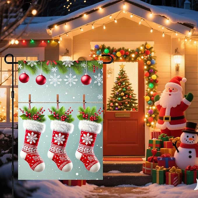 Christmas Garden Flag Three Stockings Winter Garden Flag 12x18 Inch Double Sided Outdoor Decoration for Holiday Season Yard Porch Lawn Display Festive Snowflake Banner