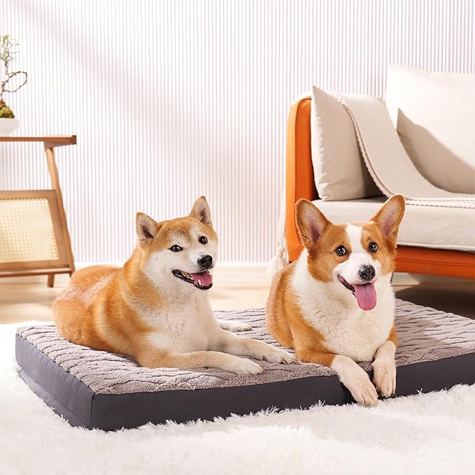 Orthopedic Dog Beds Large Sized Dog – Waterproof Plush Pet Mattress with Removable Washable Cover, Non-Slip Bottom, Memory Foam Mat for Crate, 35x22 Inch, Grey