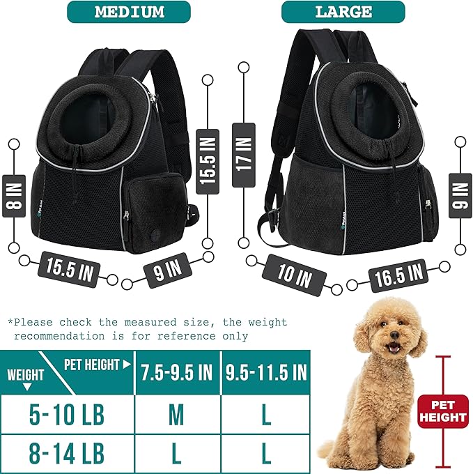 PetAmi Dog Front Carrier Backpack, Ventilated Adjustable Dog Pet Cat Chest Carrier Backpack, Dog Carrier for Hiking Camping Travel, Small Dog Puppy Medium Cat Carrying Bag, Max 14 lbs, Black