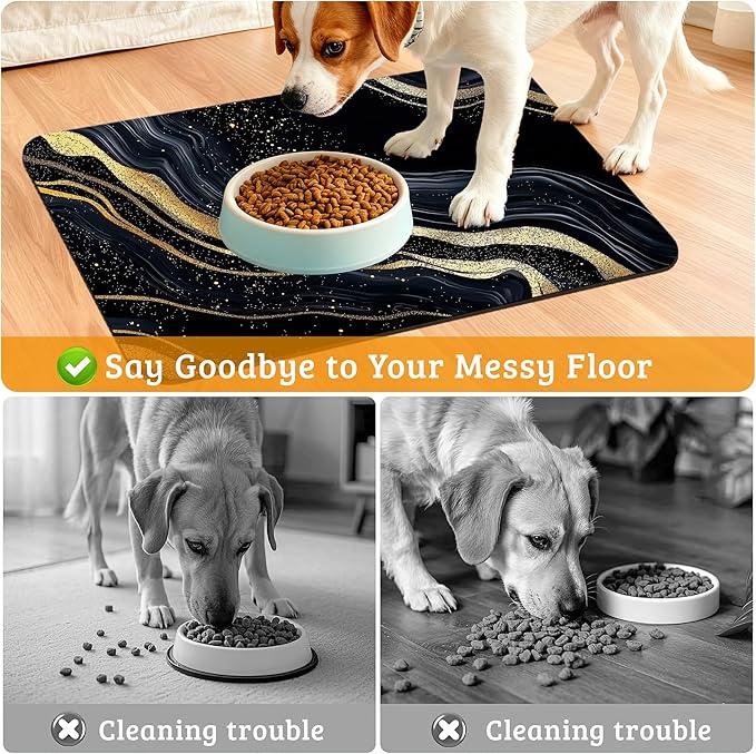 Dog Bowl Mat,Abstract Marbled Pet Feeding Mat for Floors Waterproof,Gold Black Absorbent Dogs Placemat for Food and Water Quick Dry Pet Cat Feeding Mats with Non Slip Bottom 12" x 20"