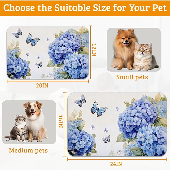 Pet Feeding Mat,Blue Hydrangea Absorbent Dog Cat Food Mat Butterfly Floral Dog Mat with Rubber Backing,Non-Slip Water Bowl Placemat,Pet Supplies 16" x 24"