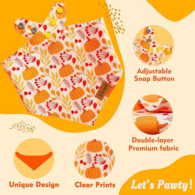 Fall Dog Bandanas - 2 Pack Thanksgiving Dog Bandana with Snap Button, Reversible Pumpkin Pet Scarf for Boy & Girl, Premium Durable Fabric, Holiday Bandana for Large & Extra Large Dogs (X-Large)