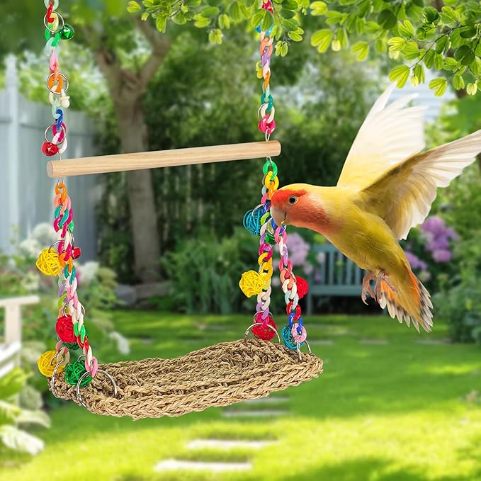 Natural Bird Swing Toys with Wood Perch,Double Layer Bird Seagrass Woven Climbing Hammock with Chewable Perch Stand Chewing Toy for Parakeets,Budgies,Conures,Cockatiels,Lovebirds
