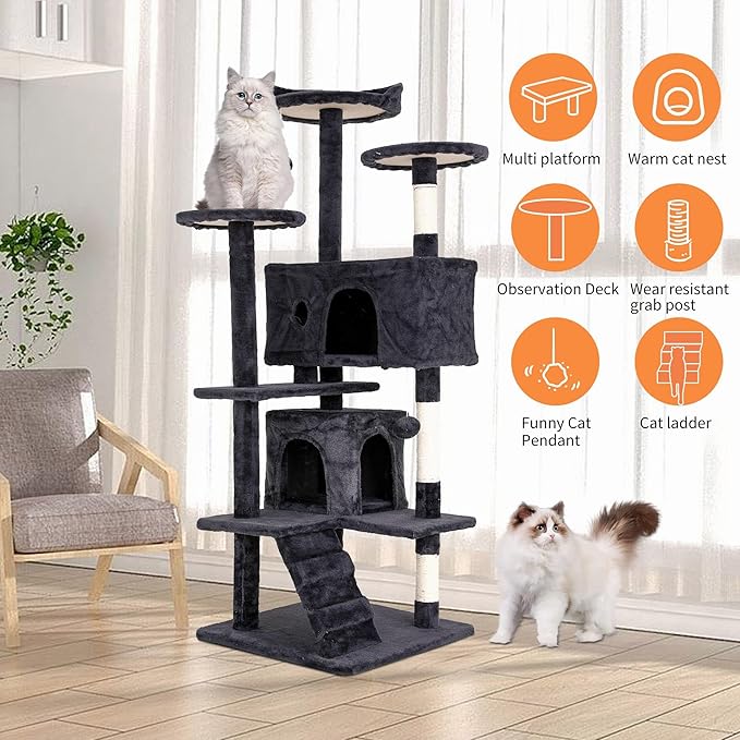 Cat Tree for Indoor Cats, Multi-Level Cat Tower with Scratching Posts & Cozy Condo, Space Saving Cat Activity Center, Durable Pet Play House (54in,Dark Gray)