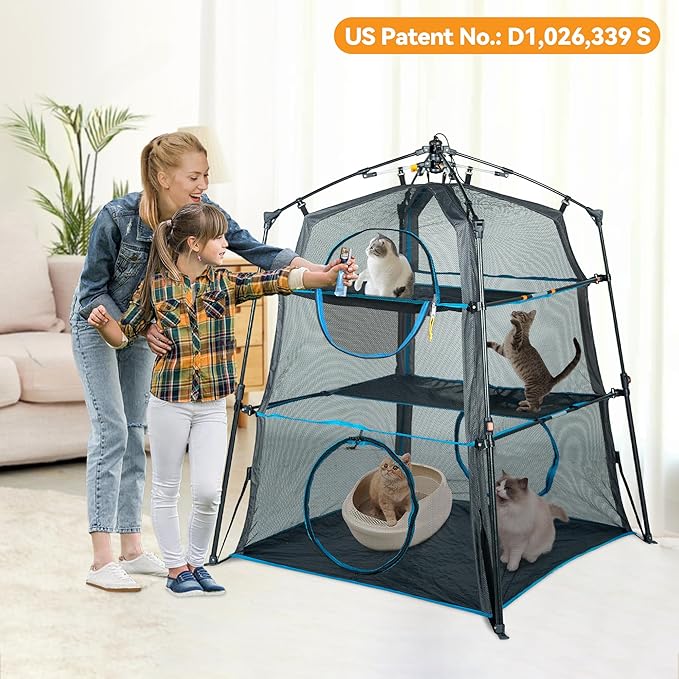 Cat Enclosure Kitten and Cat Tower Tent for Indoor and Outdoor,3 Tier Cat Cage Inside, X-Large Outdoor Catio,Portable and Foldable,Two Doors Design can Assemble More Shapes (Patented)