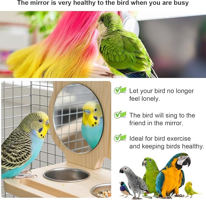 Feeder with Acrylic Mirror & Stainless Steel Bowls, Natural Wood Perch, Cage Accessories, Parakeet Cage Supplies, Tool-Free Adjustable Kit for Parakeet, Cockatiel & Lovebird