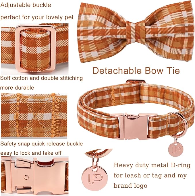 Fall Plaid Dog Collar and Bow Tie Set – Brown Orange Checkered Adjustable Collar with Maple Leaf Charm for Small Medium Large Dogs, Soft Cotton Puppy Collar with Quick Release Buckle