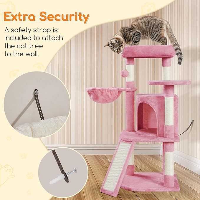 Yaheetech Cat Tree, 42in Play Tower for Indoor Cats, Kitten House with Large Perch & Scratching Posts & Cozy Condo & Scratching Ramp, Cat Furniture Activity Center, Pink