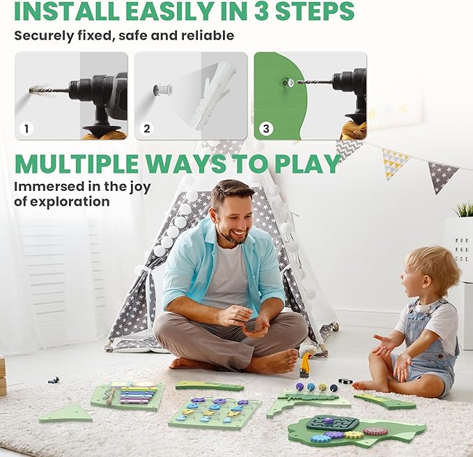 BlueWood Wooden Wall Busy Board Panels, Toddler Learning Activity Center, Montessori Philosophy Sensory, Educational Toys, Conducive to All-Round Development - Triceratops