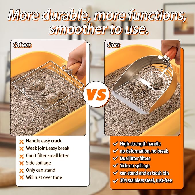 Stainless Steel Metal Cat Litter Scoop with Holder, Small Broom & Dustpan - Durable, Anti-Break Handle, Dual-Width Holes for Quick Clean