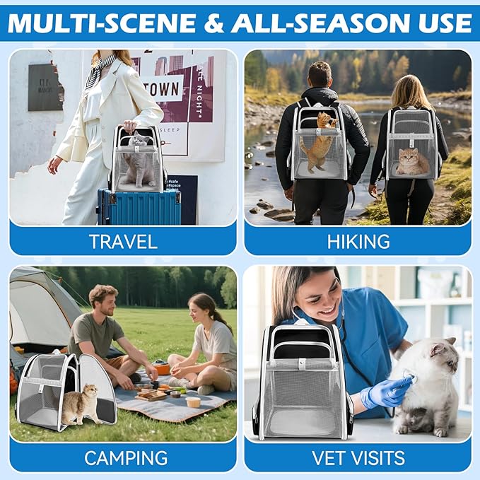 Cat Backpack Carrier,Expandable Pet Carrier Backpack for Cat and Small Dogs,for Hiking, Camping and Travelling Use,Collapsible Carrier with Breathable Mesh,Gray