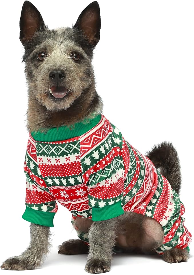 Fitwarm Dog Christmas Outfit, Holiday Pet Clothes for Small Dogs Boy Girl, Festive Pajamas with Feet, Puppy Onesie, Red, Green, XXL