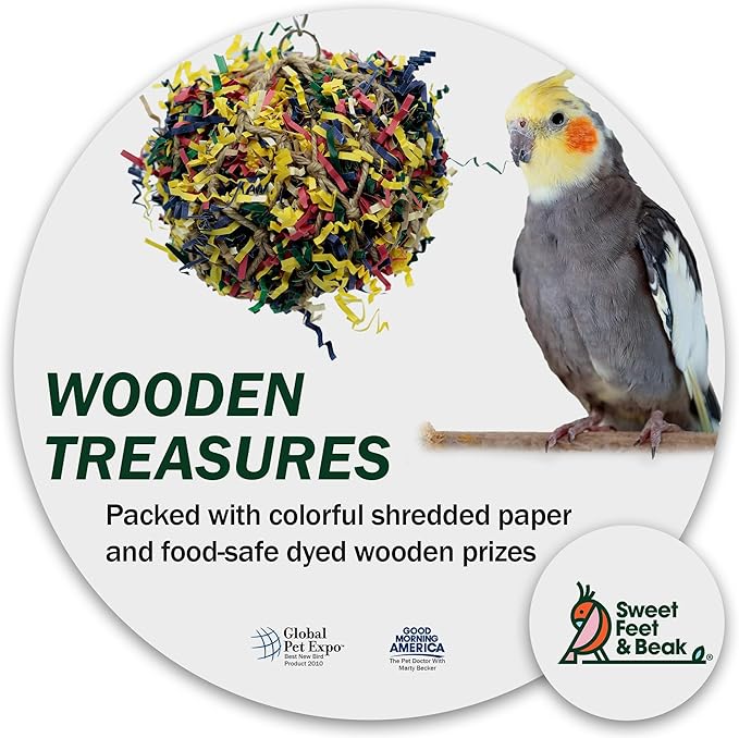 7” Super Shredder Ball Bird Toy - Fun Foraging Toys for Birds w/ Colorful Paper & Wooden Treasures - Easy to Hang Shredding Toys for Birds - Bird Shredding Toys for Cockatiels, Parrots & More