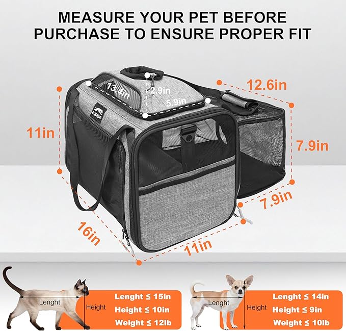 Top and Side Expandable Pet Carriers, 16x11x11 Airline Approved Soft-Sided Cat Carrier for Small Dogs and Cats, in-Cabin Travel Carrier with Anti-Scratch Mesh, Grey