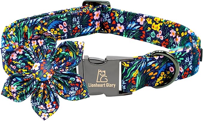 Lionheart Glory Darkblue Flower Dog Collar - Floral Bow for Male or Female, Spring Fall Pet Gift, Durable Adjustable for Small Dogs