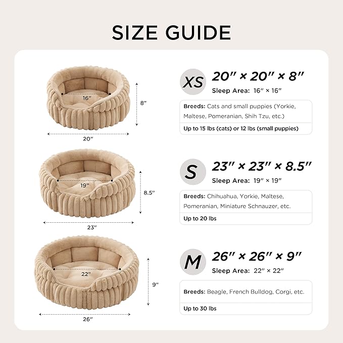 Bedsure ComfyFleece™ Cat Bed, Washable Round Cute Cat Beds for Indoor Cats, Super Soft Corduroy Pet Bed for Puppy and Kitten with Anti-Slip Bottom, 23''x23''x8.5'', Sandy Beige