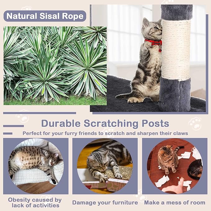 Heavy Duty Cat Tree Tower, 54" Tall Cat Tower for Indoor Cats with Cat Scratching Post with Bed, Cat Condo, Hanging Ball, Multi-Level Cat Climbing Tower Cat Trees Furniture Activity Center, Light Grey