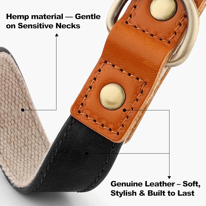 Plutus Pet Genuine Leather & Hemp Dog Collar – Adjustable Heavy Duty Pet Collar with Quick Release Metal Buckle, Soft & Stylish for Puppy and Small, Medium, Large Dogs (Black, S)