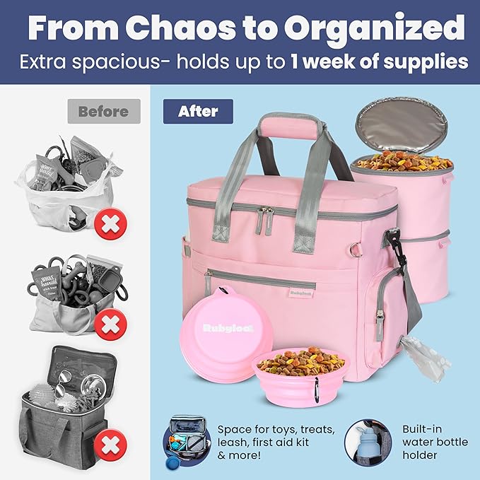 The Original Doggy Bag™ - Complete Dog Travel Bag for Supplies with 2 BPA-Free Travel Bowls & 2 Pet Food Containers - A Dog Mom Gift for Day Trips, Camping, Road Trips & Weekends Away: Lt. Pink