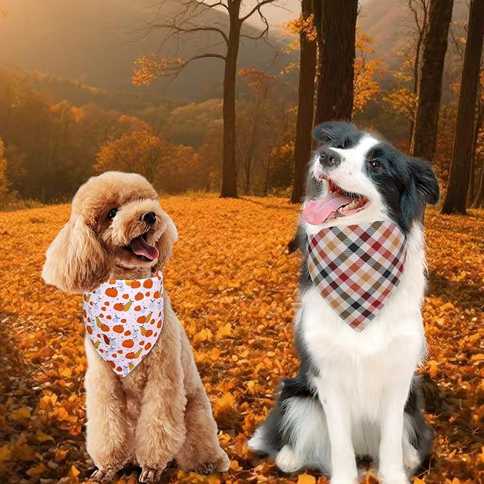 Fall Dog Bandanas Large 3PCS, 6 Pattern Thanksgiving Scarf for Boy and Girl, Pumpkin Leaves Flowers Triangle Reversible Bibs Breed for Puppy Pets