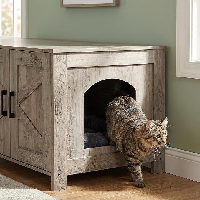 Homhedy Cat Litter Box Enclosure for 2 Cats, Litter Box Furniture Hidden with Double Room,Wooden Cat Washroom Furniture,Cat House,47.2”L x 19.7”W x 19.7”H,Greige